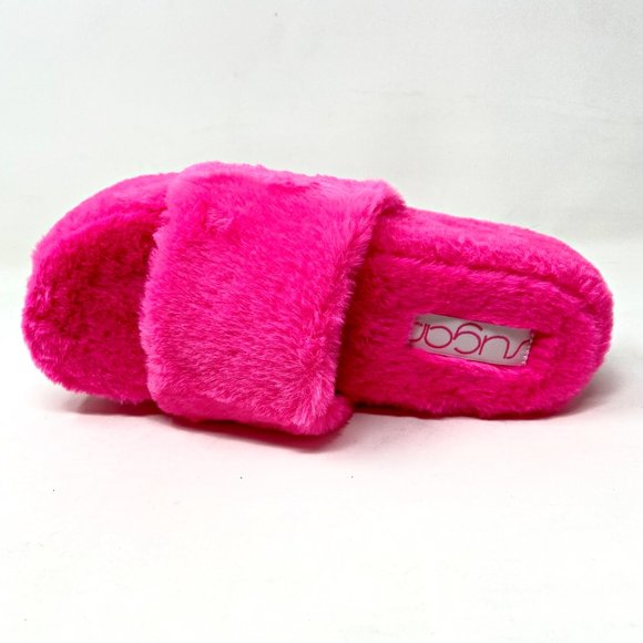 Sugar Wryde Hot Pink Platform Womens Fluffy Slip On Fur Slipper Warm Sandals - Picture 4 of 5